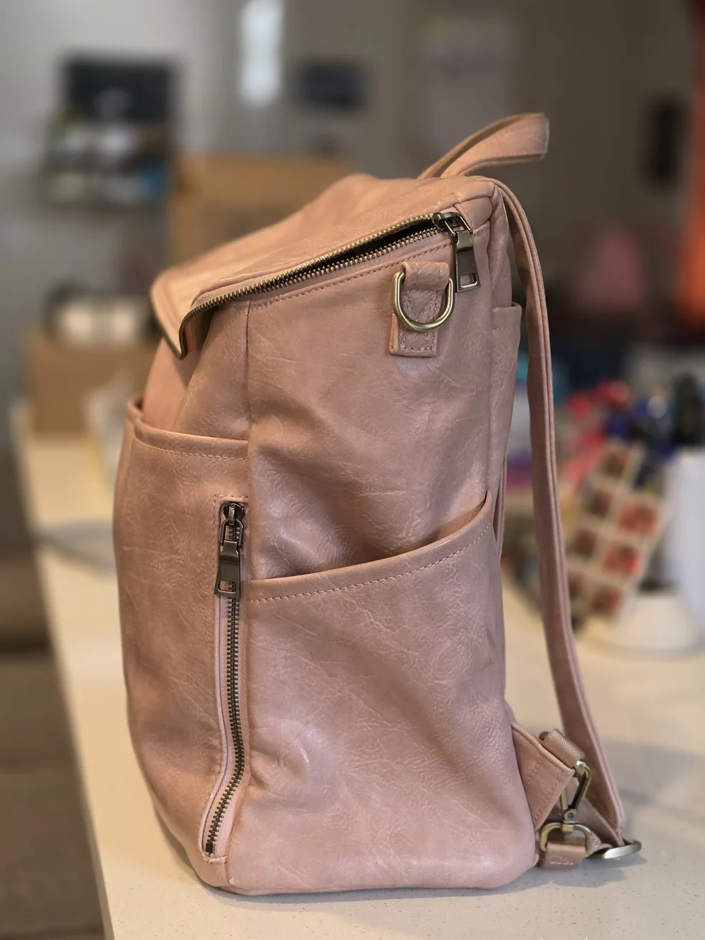 Blush Pink Vegan Leather Diaper Bag Backpack | Large Multi-Pocket Travel Bag
